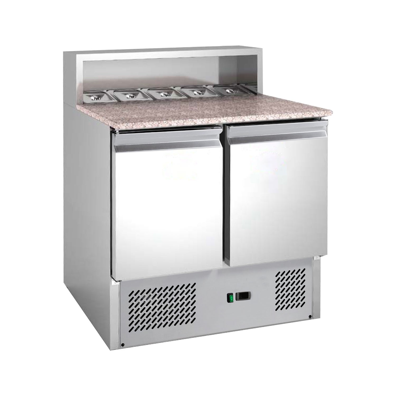 Banc refrigerant pentru pizza, cu 2 usi, blat de lucru din granit, vitrina de ingrediente, putere 350 W
