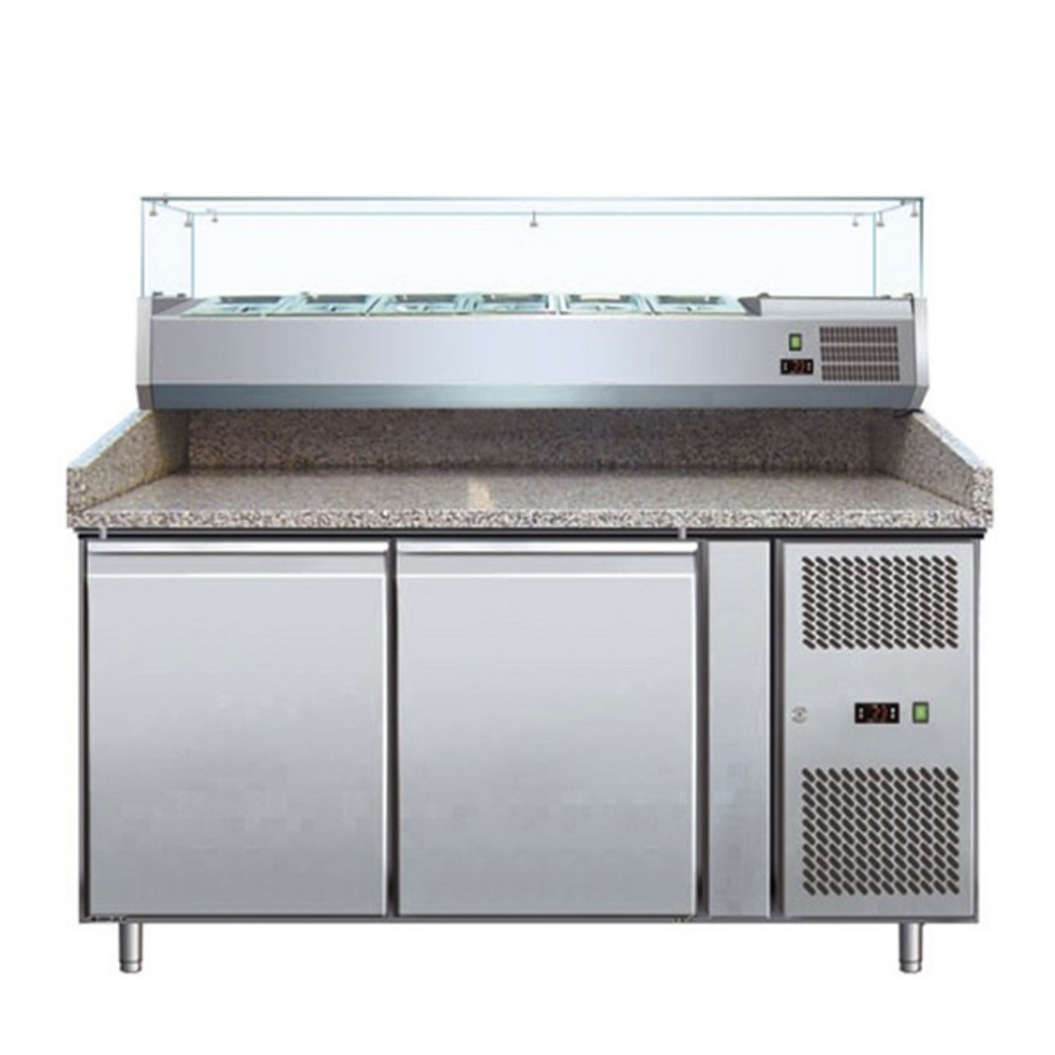 Banc pentru pizza, capacitate neta 428 litri, cu 2 usi, blat de lucru din granit, vitrina de ingrediente, putere 208 W