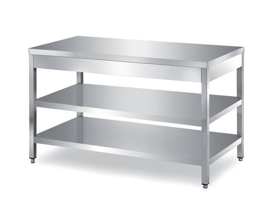 Masa, cu 2 polite, cu plan de lucru ranforsat cu blat PAL, picioare reglabile, inox, dimensiune (LxlxH mm): 2800x600x850