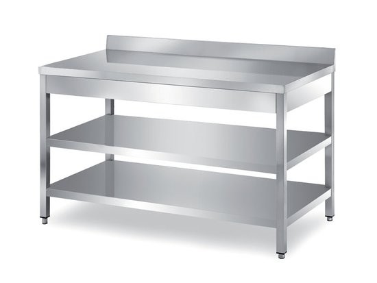Masa, cu 2 polite, cu plan de lucru ranforsat cu blat din PAL, inox, inaltator la perete, dimensiune (LxlxH mm): 3000x600x850