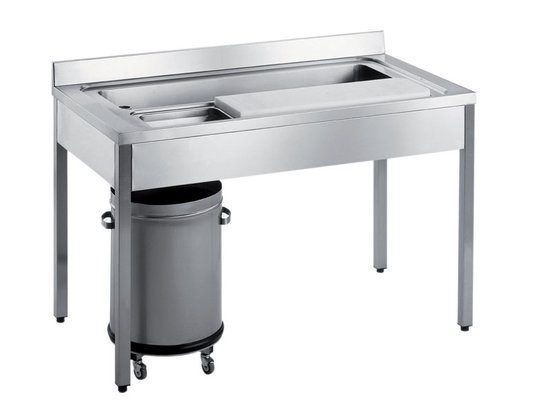 Masa pentru spalat legume, 2 cuve, inaltator la perete, pubela pentru evacuare resturi, dimensiuni cuva 660x310x180mm