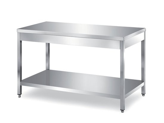 Masa inox, cu o polita intermediara, picioare reglabile, dimensiuni: 2700x800x850h mm