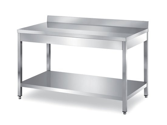 Masa inox, cu plan de lucru ranforsat cu blat din PAL, inaltator la perete, dimensiuni: 2400x800x850h mm