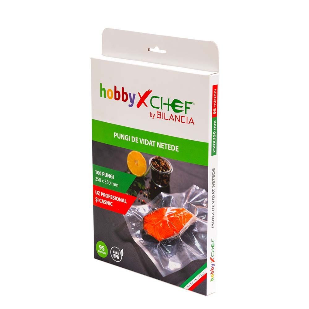 Set 100 pungi netede pentru masinile de vidat, grosime 95 microni, dimensiuni 250x350mm