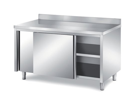 Masa-dulap, cu plan de lucru ranforsat cu blat din PAL, picioare reglabile, usi glisante, inox, dimensiune (LxlxH mm): 2400x600x850