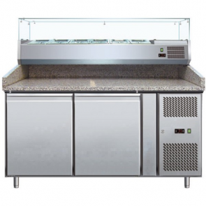 Banc pentru pizza, capacitate neta 428 litri, cu 2 usi, blat de lucru din granit, vitrina de ingrediente, putere 350 W