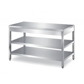 Masa, cu 2 polite, cu plan de lucru ranforsat cu blat PAL, picioare reglabile, inox, dimensiune (LxlxH mm): 1700x600x850