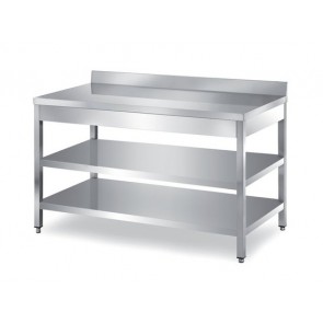 Masa, cu 2 polite, cu plan de lucru ranforsat cu blat din PAL, picioare reglabile, inox, dimensiune (LxlxH mm): 2700x600x850