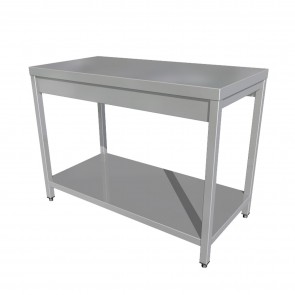 Masa centrala, inox, cu 2 polite inferioare, blat din tabla inox AISI304 rigidizat cu PAL, polite AISI430, constructie sudata, picioare din teava inox patrata 40x40mm, dimensiuni 2000x700x850mm