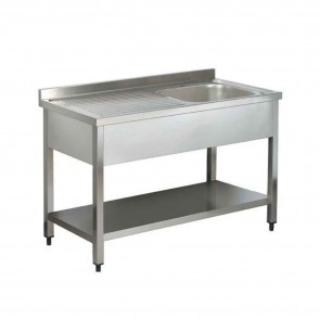 Spalator din inox, cu 1 cuva, inaltator la perete, o teava prea-plin si un ventil, blat inox AISI 304, polita inox AISI 430, dimensiuni 700x700x850mm