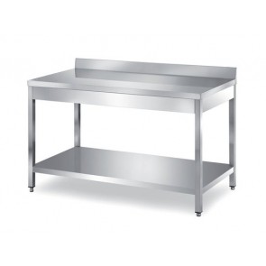 Masa, cu o polita, picioare reglabile, inox, inaltator la perete, dimensiune (LxlxH mm): 1400x600x850