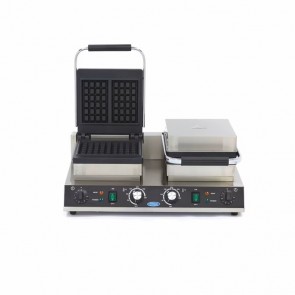 Aparat dublu pentru facut waffle, control temperatura intre 50-300°C, dimensiuni 630x380x270hmm, alimentare 220V, putere 2x1500W, greutate 18kg