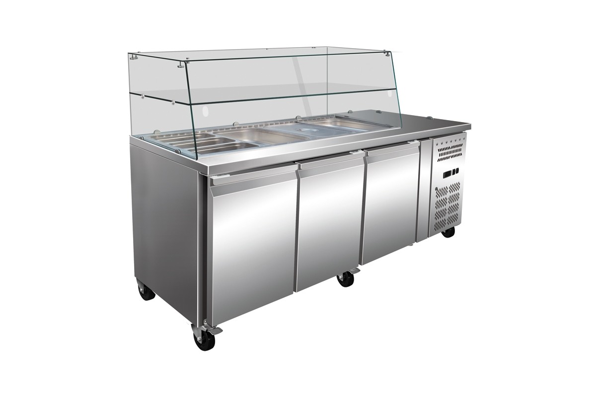 Saladeta refrigerata cu vitrina, capacitate 465 litri, temperatura de lucru 2-8°C, putere 350 W