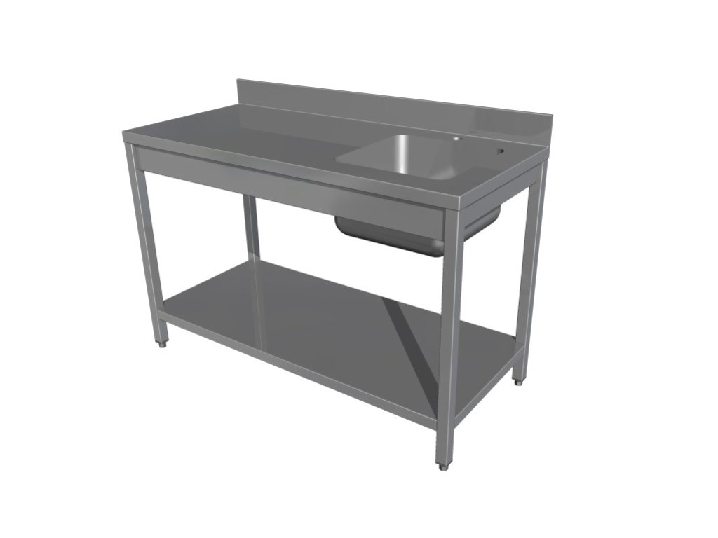Masa cu spalator, adosta(cu rebord), polita inferioara, cu o cuva in dreapta cu dimensiunea 500x500x300h mm, structura din inox AISI 304, dimensiuni 1200x700x850h mm
