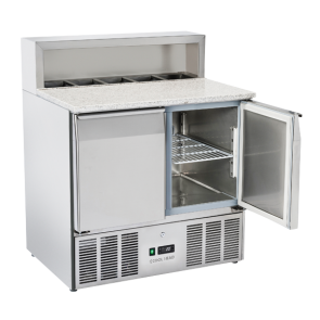 Banc de pizza cu 2 usi si blat din granit, spatiu pentru 5 cuve GN1/6 de incastrat la nivelul blatului cu protectie din inox, capacitate depozitare 265 litri