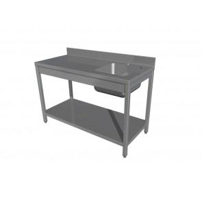 Masa cu spalator, adosta(cu rebord), polita inferioara, cu o cuva in dreapta cu dimensiunea 500x500x300h mm, structura din inox AISI 304, dimensiuni 1200x700x850h mm