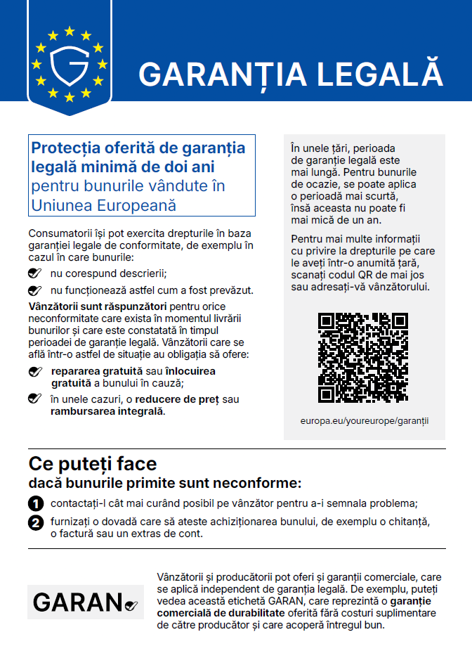 Notificarea oficială a Uniunii Europene: Garanția legală – protecția oferită de garanția legală minimă de doi ani pentru bunurile vândute în Uniunea Europeană